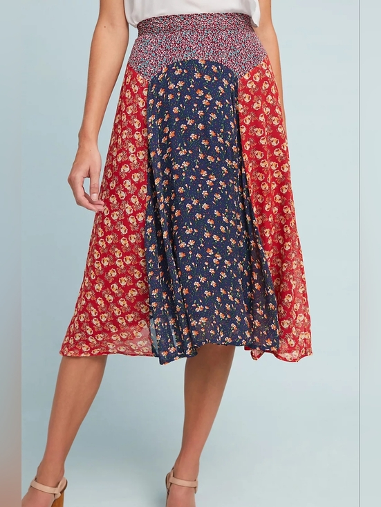 Anthropologie Dresses & Skirts - Anthropologie Red and Navy Mixed Floral Midi Skirt Size S